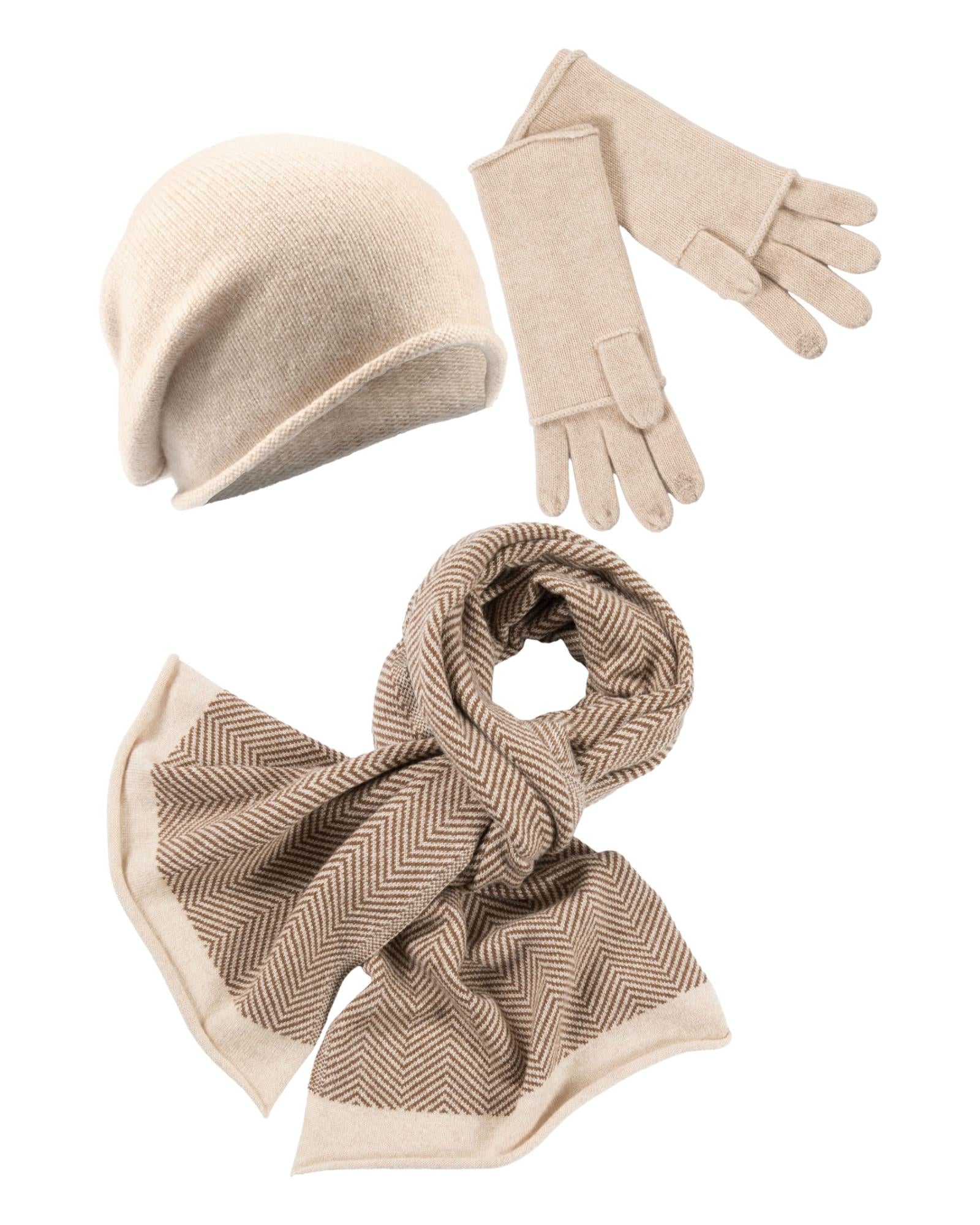 (image for) designer hut Kaschmir-Beanie, Handschuh + Schal mit Fischgrät-Muster - Beige meliert